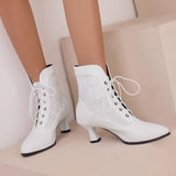 Women Victorian Pointed Toe Ankle Boot Fashion Leather Lace Up Spliced Ladies High Heel Shoe Women Short Boot Plus Size48