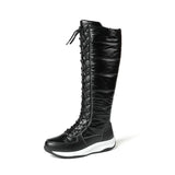 Winter Snow Boots Women Mid-Calf Genuine Leather Wedges Patchwork Waterproof Down Warm Plush Cotton Padded Platform