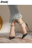 for Woman Super-high Heel Footwear Thin Heels Women's Shoes Pointed Toe Summer 2023 Rivet Stiletto Closed Black Shoe H