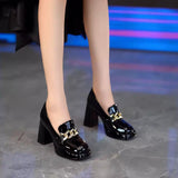 New Square Heels Chain Pumps Women Fashion Slip on Patent Leather Chunky Platform Shoes Spring Mary Janes Female High