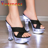 Light Up Transparent High Heels 15CM Square Heel Summer Sandals Women's Platform Luminous Shoes Club Fashion Weave