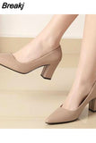 Newest Women's Leather Thick Heel Single Shoes Ladies Pointed Toe Shallow High Heels Work Pumps Eu 35-41 Black