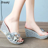 Summer New Wedges Sandals Women Sexy Crystal Transparent High Heels PVC Slippers String Bead Slippers Fashion