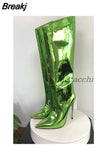 Women's High Boots Gold Silver Pointed Toe Knee-high Boots For Woman Sexy High Heels Party Shoes Ladies Stiletto