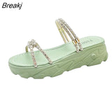 New Fashion Beaded Solid Color Women Sandals Beaded Thick Sole Flat Strap Summer Modern Slippers Student Ladies