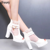 Women Sandals Mesh Lace 8CM Square High Heel Summer Shoes Woman Pumps Sexy Flower Net Hollow Peep Toe Gladiator