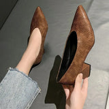 Size Soft Leather Shallow Mouth Pointed Thick Heel Shoes Women 2023 New Spring Autumn Snakeskin Pattern High Heels