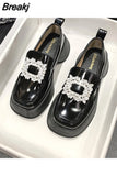 Autumn Loafers Pu Leather Shoes Women's Thick Soles Square Toe Single Shoes College Retro Rhinestones Pumps