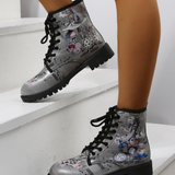 Winter New Round Head Cross Lacing Low Barrel Adult Gray Beauty European and American Large Size Lace Up