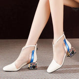 NEW Mesh Sandals Boots Women Mesh Ankle Boot for Summer Mid Heel Rhinestone Ponited Toe Shoes Hollow Out Back Zip