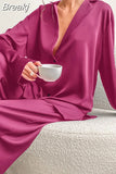Low Cut Fashion Pajamas Set for Women Loose Casual Long Sleeve Trouser Suits Solid Satin Silk Female Home Fitted Tops