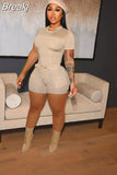 Solid Color Short Sleeve Crop Top and Pockets Biker Shorts 2 Pcs Set Sexy Slim Summer Fashion Outfit Casual