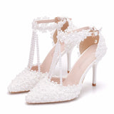 Breakj White Lace Wedding Shoes One-Word Wristband Bridal Shoes Fine Heel Tip Wedding Shoes Women's