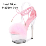 Women's Sandals 2023 Summer Fashion Ankle Cross Strap Fur High Heels Clear Waterproof Platform Female Steel Tube