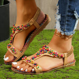 Women's T-Strap Colorful Beaded Flat Sandals Open Toe Elastic Ankle Strap Gladiator Shoes Woman Summer Bohemian Beach