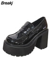 Platform Loafers Heel Patent Leather Slip on Casual Shoes Women Lady Office Shoes Japanese Lolita Black 10cm Heels