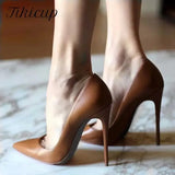 Solid Khaki Brown Matte Women Pointed Toe Stiletto High Heels Slip On OL Dress Shoes Elegant Ladies Formal