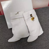 Lock Buckle Women's Mid Calf Boots Punk Style Round Toe High Heel Western Boots Luxury Designer Wedges Women's Short