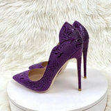 Purple Embossed Crocodile Effect Women Pointy Toe Slip On High Heel Shoes for Party Sexy Ladies Dress Stiletto