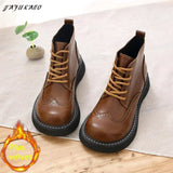 American Retro Carved Women Boots Winter High-Top Lace-Up Warm Big Head Soft-Soled Casual Boots Students Short