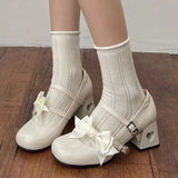 Leather High Heels Pumps Women Sweet Pink Bowknot Cosplay Lolita Shoes Woman Bride Wedding Buckle Strap Mary Jane