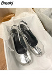 Toe Women Pumps Genuine Leather Round Heel Shoes Summer Luxury Brand Silver Designer Sandals 2023 Stylish Slingback
