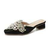 Half Slippers Women Shoe Autumn Rhinestone Chunky Mid Heel Slipper Sandals Fashion Muller Casual Versatile Single