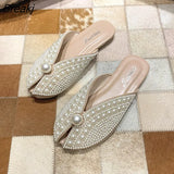 Shoes Women Luxury 2022 Summer Slippers Round Head Shoes Outdoor Flat Bottom Pearl Mules Slides Half Drag Home