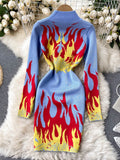 Fire Flame Print Knit Sweater Dress Women New Chic Zipper up Stand Collar Full Sleeve Sexy Party Streetwear Club