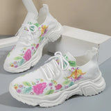 Breathable Printed Tennis Shoes Women Autumn Lace Up Platform Sports Shoes Woman Thick Sole Knitted Sneakers Plus