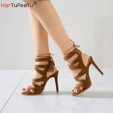 Thin Heel Sandal Women Summer 2023 Flock Gladiator Back Lace-up Peep Toe Rome Casual Sexy Pumps 34-50 Fashion Ladies