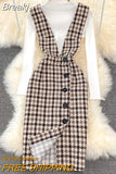Fashion Women 2 Piece Set Autumn Winter Long Sleeve Pullover Sweater Top + Plaid Tweed Pencil Dress Suits Elegant