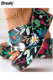 High Heeled Women's Slippers 2023 European Style Flower Pattern Comfy Walking Shoes Plus Size Summer Outside Lady