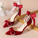 Ankle Strap Pumps Women Luxury Bowknot Red Dance Shoes Woman Sexy Pointed Toe Velvet Stiletto High Heels Sapatos