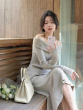 Lady 2 Piece Dress Set Woman Casual Y2k Tops + Slim Bodycon Midi Skirt Pure Color Knitted Suit Korean Fashion 2023