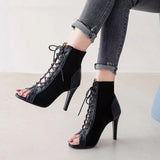 Black Lace-Up Sandals Heels 9CM Women's High Heel Shoes Trend Sexy Peep Toe Boots Fashion Cloth Stilettos Jazz Dance