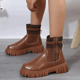 Patchwork Pu Leather Ankle Boots Women 2023 Fashion Chunky Platform Chelsea Boots Woman Elastic Knitted Short