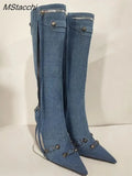 New Metal Rivet Women High Knee Boots Pointed Toe Thin Heels Designer Shoes Party Tassels Zipper-Sid Long Botas De