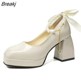 Plus Size High Heel Shoes for Women 2023 Autumn Pearl Chain Thick Heel Mary Jane Shoes Pumps Fashion Platform Dress