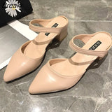 Women's Pointed Toe Sandals New Middle Heel Chunky Heel Outer Wear Women's Summer Mules Shoes Closed Toe Ladies