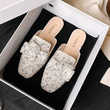Shoes Mules For Women 2024 Ladies' Slippers Rivet Cover Toe Butterfly-Knot Low Square heel Loafers Flock New Pointed