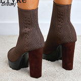 Fashion Square High Heels Knitted Stretch Fabric Ankle Socks Boots Femme Peep Toe Slip-On Platform Shoes For Women