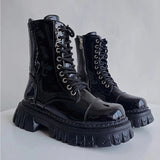 Patent Leather Punk Motorcycle Boots Women 2023 Lace Up Platform Ankle Boots Woman Thick Bottom Short Booties
