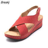 Women Sandals New Summer Shoes Woman Ladies Sewing Hollow Out Wedges Female Casual Pu Leather Comfortable Retro