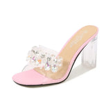 Fashion Girl Bow Crystal Slippers Sexy Transparent Dress Heel Shoes Summer Pearl Bowknot Design 2023 Elegant Party