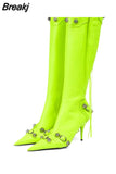 Women High Heels Boots Woman Pointed Toe Stilettos Heels Knee High Boots Sexy Ladies Rivet Retro Pumps 2023 New Botas
