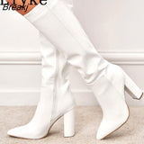Fashion White Women Knee High Boots Sexy Snake Print Leather Pointed Toe Square Heels Ladies Long Booties Zip Female