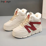 Women Letter Pattern Winter Fleece-lined Thermal Chunky Sneakers Non-slip Thick Soled Sports Sneakers platform cotton