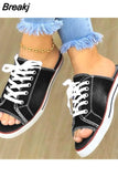 Women Canvas Sandals Breathable Summer Slippers Lace Up Open Toe Ladies Faux Denim Flat Shoes Zapatos Mujer