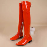 Women Over the Knee Boots Wide Calf Size 34~48 Candy Colour Chunky Low Heel Pointy Toe Patent Leather Comfortable Boot Zip